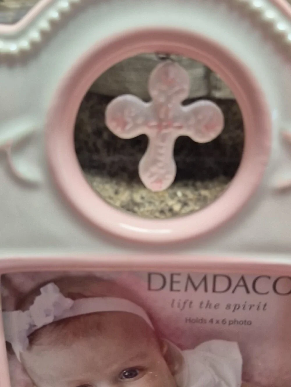 NEW. Demdaco Pink and White Baby Baptism Frame with Cross Accent